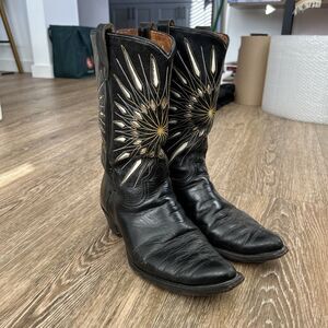Vintage Acme Cowboy Western Black Boots Gold & White Starburst Inlay Mens 8.5 D